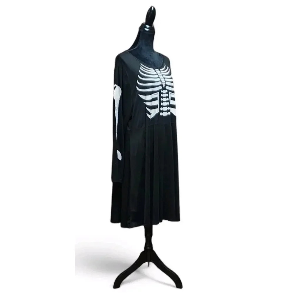 Womens Solid Black Gothic Long-Sleeve Skeleton Dress Plus Size 4X Costume Casual - Picture 4 of 6